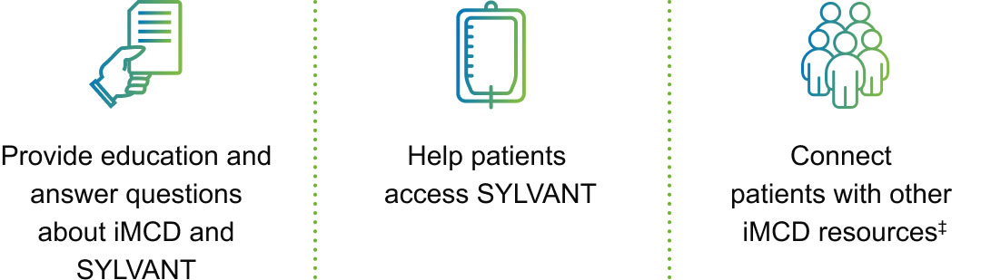 Provide education and answer question about iMCD and SYLVANT. Help patients access SYLVANT. Connect patients with other iMCD resources